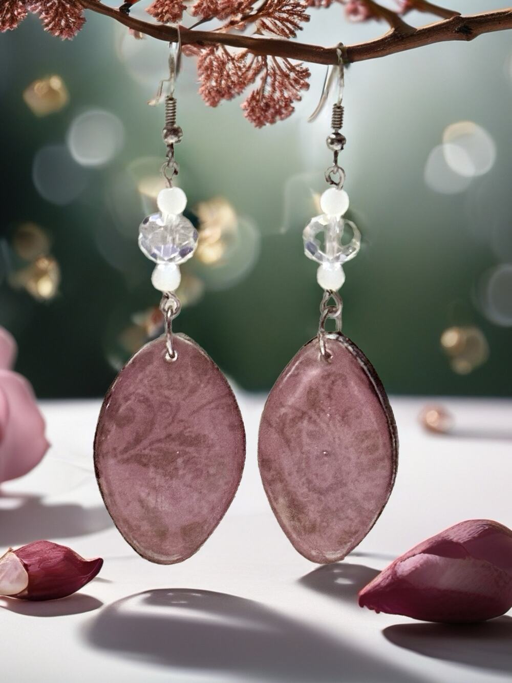 Pink Marbled Drop Earrings w/ Crystal Accent Beads Boho Dangle